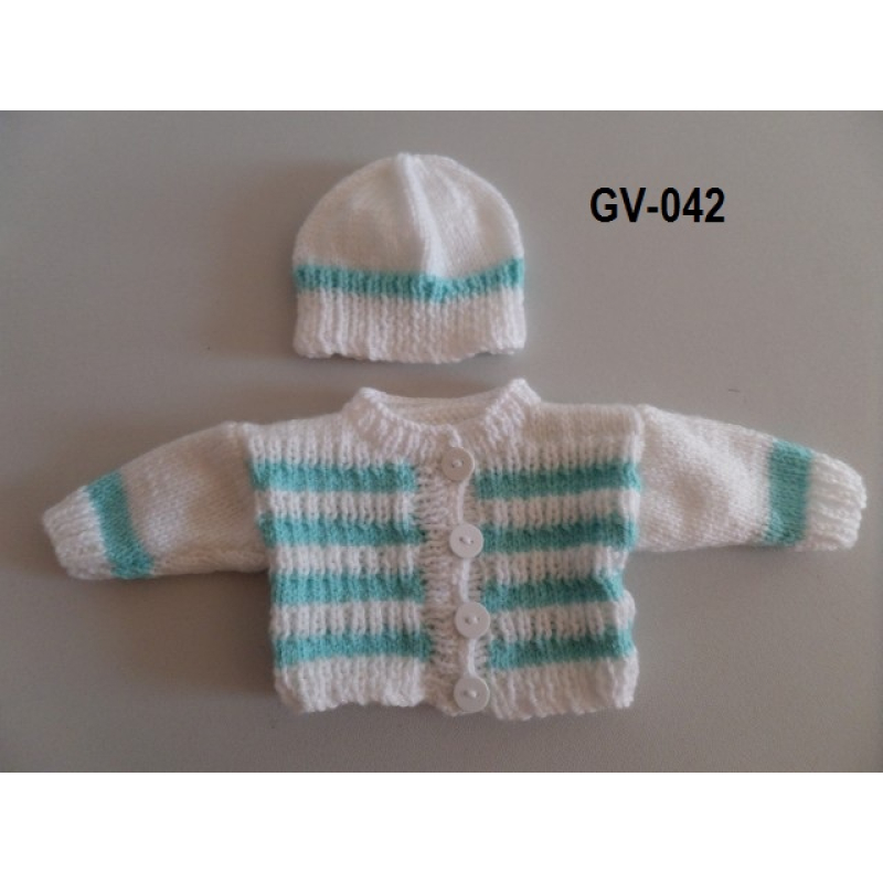 Vest en muts gebreid, wit met aqua